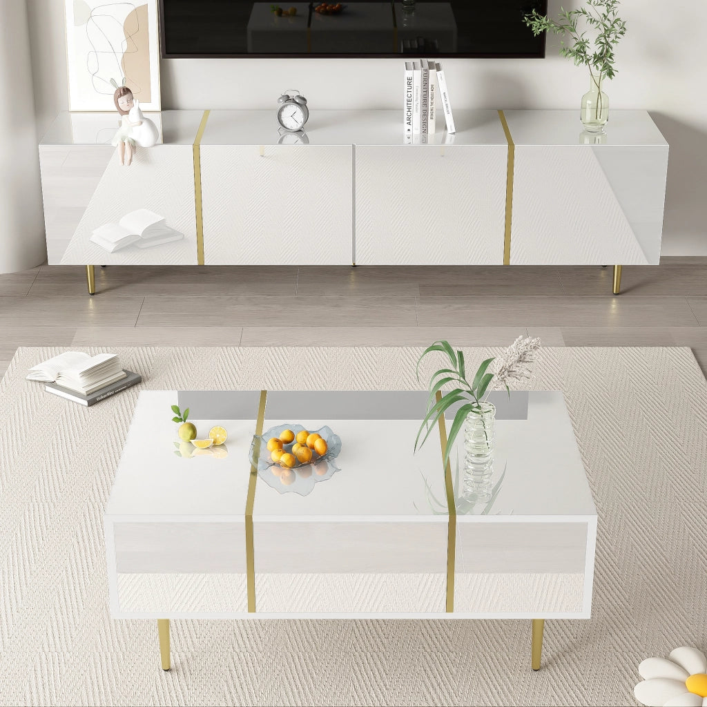 OKWISH Set di 2 Mobili da Soggiorno, Mobile TV e Tavolino con Ante e Cassetti, MDF Bianco Lucido