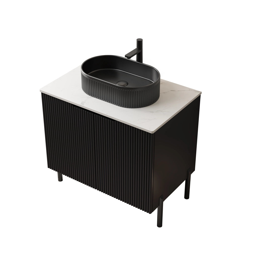 Mobile Bagno con Lavabo in Ceramica e Ante ¨C MINIMAL ¨C Nero, Piano in Pietra Sinterizzata Carrara, 76 cm