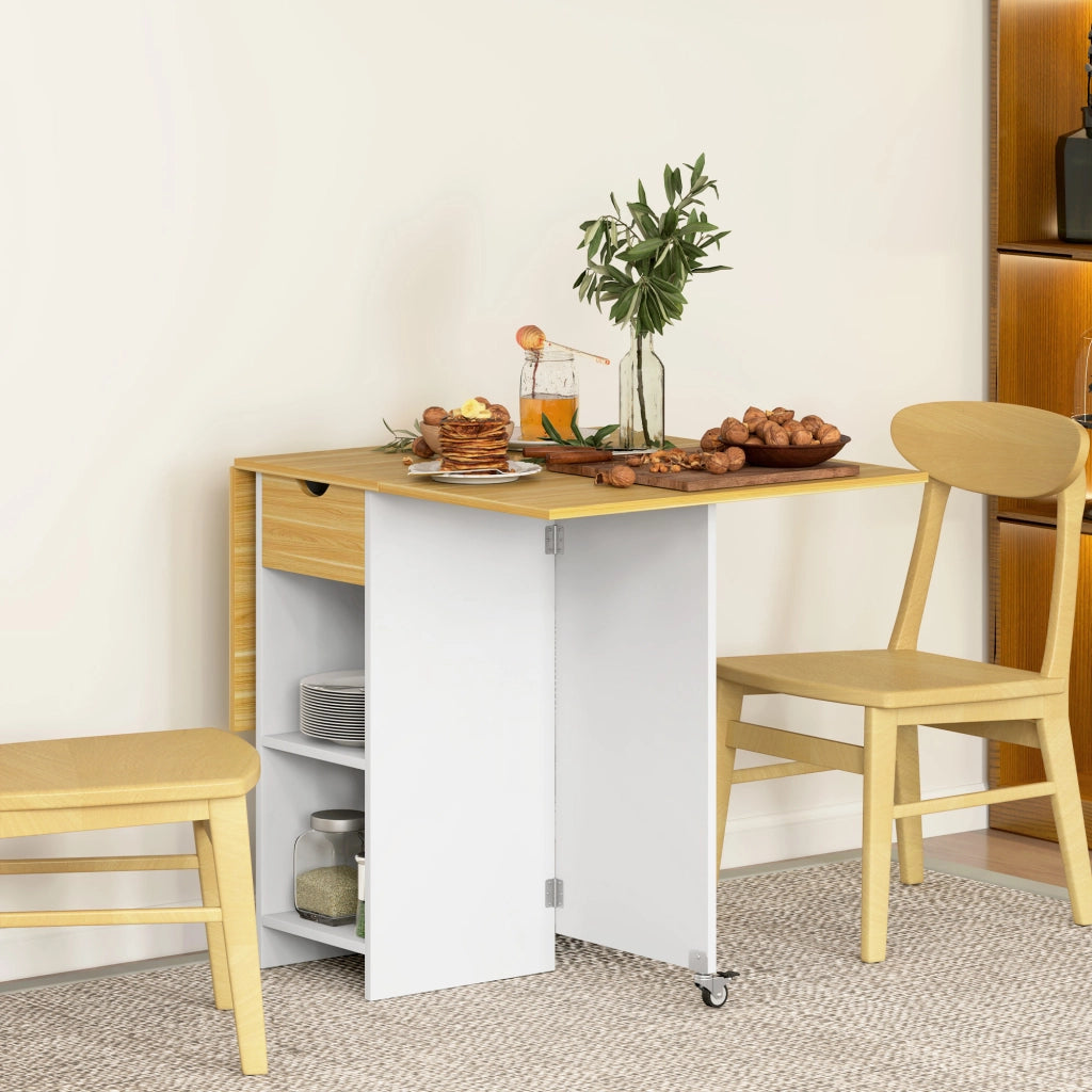 Tavolo da Pranzo Pieghevole per 2-4 Persone con 2 Ribalte, Cassetto e Ripiani, Quercia