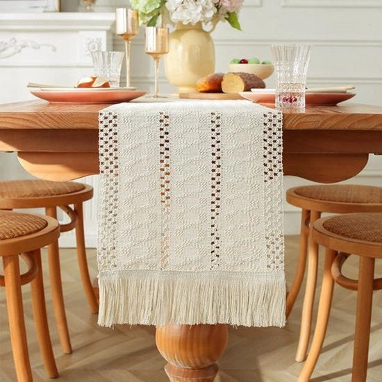 Tessuto Macramé Manuale Cotone Rustico con Piumini Decorazione Interna Stile Bohemien 30 x 180 cm.