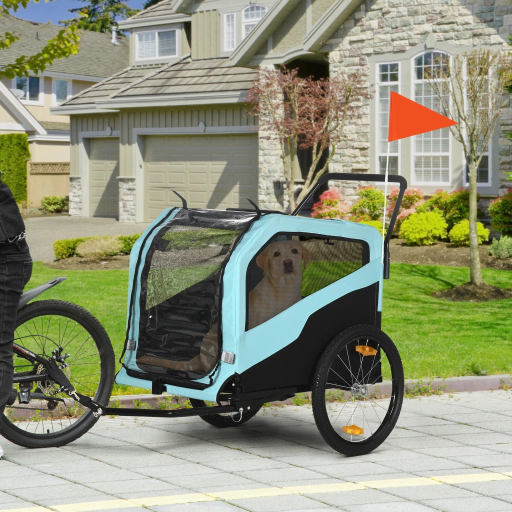 Carrello pieghevole 2 in 1 per cani con rimorchio bici, finestrini a rete, telaio in acciaio, blu 170 × 77 × 90 cm