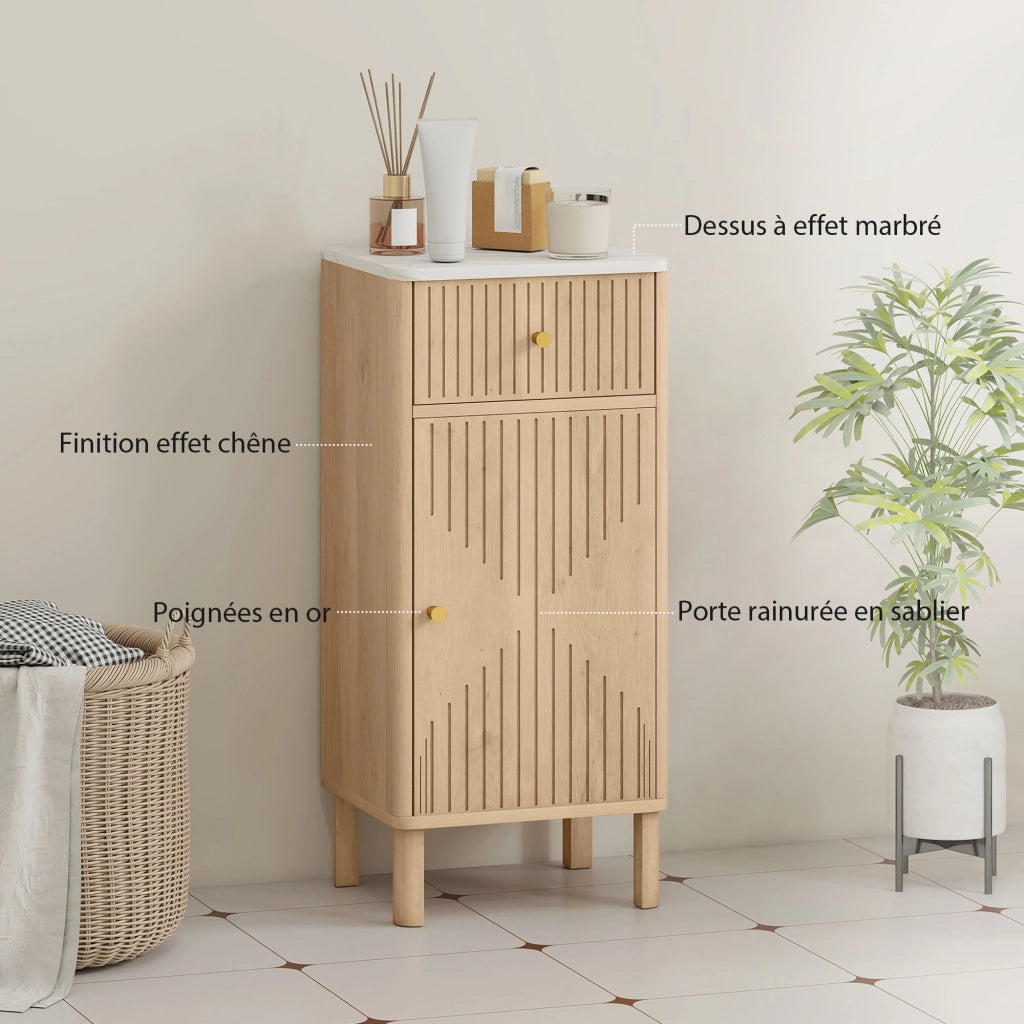Mobiletto Bagno con Piano Effetto Marmo e Anta Scanalata ¨C Zephmum ¨C 36x30x80 cm Quercia
