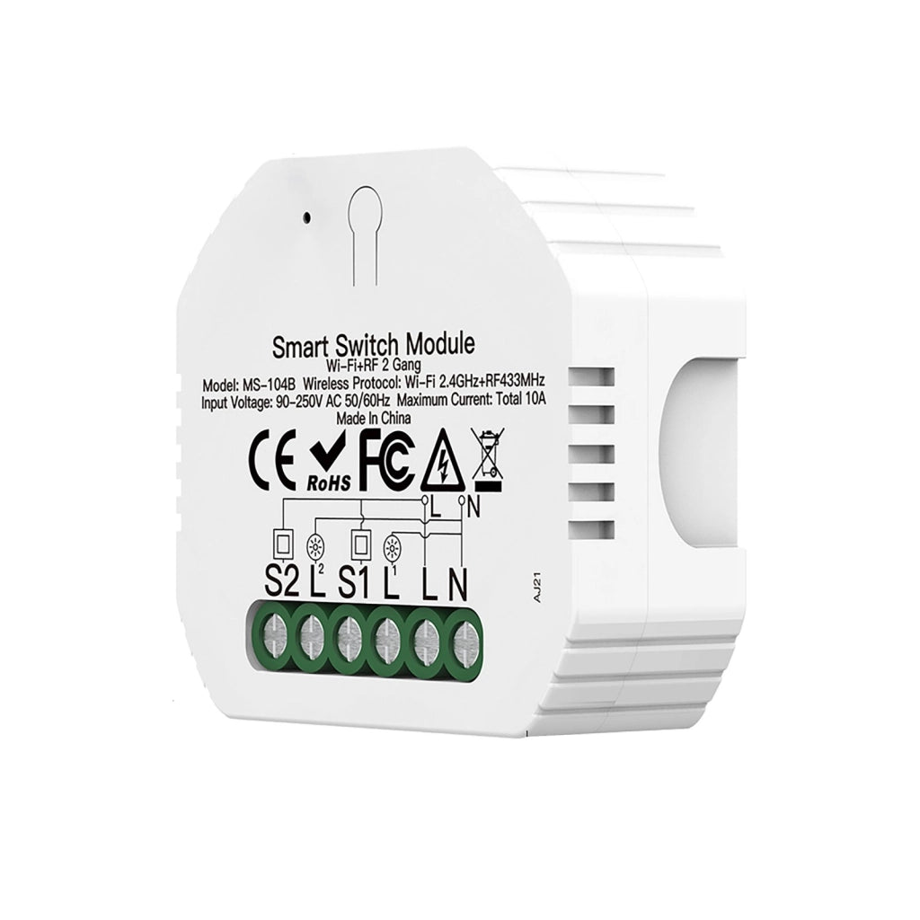 Relè Passo Passo Interruttore WIFI 2.4G+BLE+RF 433MHz, 2 Canali, Bluetooth BLE Mesh TUYA, Smart Life, 10A, AC 90-250V, 50/60HZ, 2200W, 53X48X18mm, IP20, SHB104B