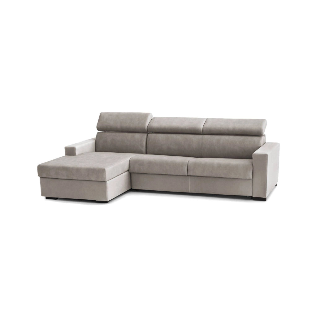 Divano fisso Aryaly, Divano ad angolo, Made in Italy, SofÒ  Soggiorno con chaise longue, in tessuto imbottito - Penisola contenitore Sinistra, con Braccioli slim, cm 280x95h85, Tortora