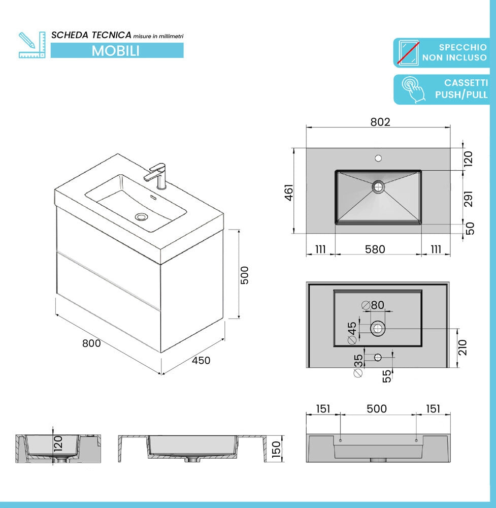 Mobile bagno sospeso 80 cm blu due cassetti push-pull e lavabo in resina Tierra