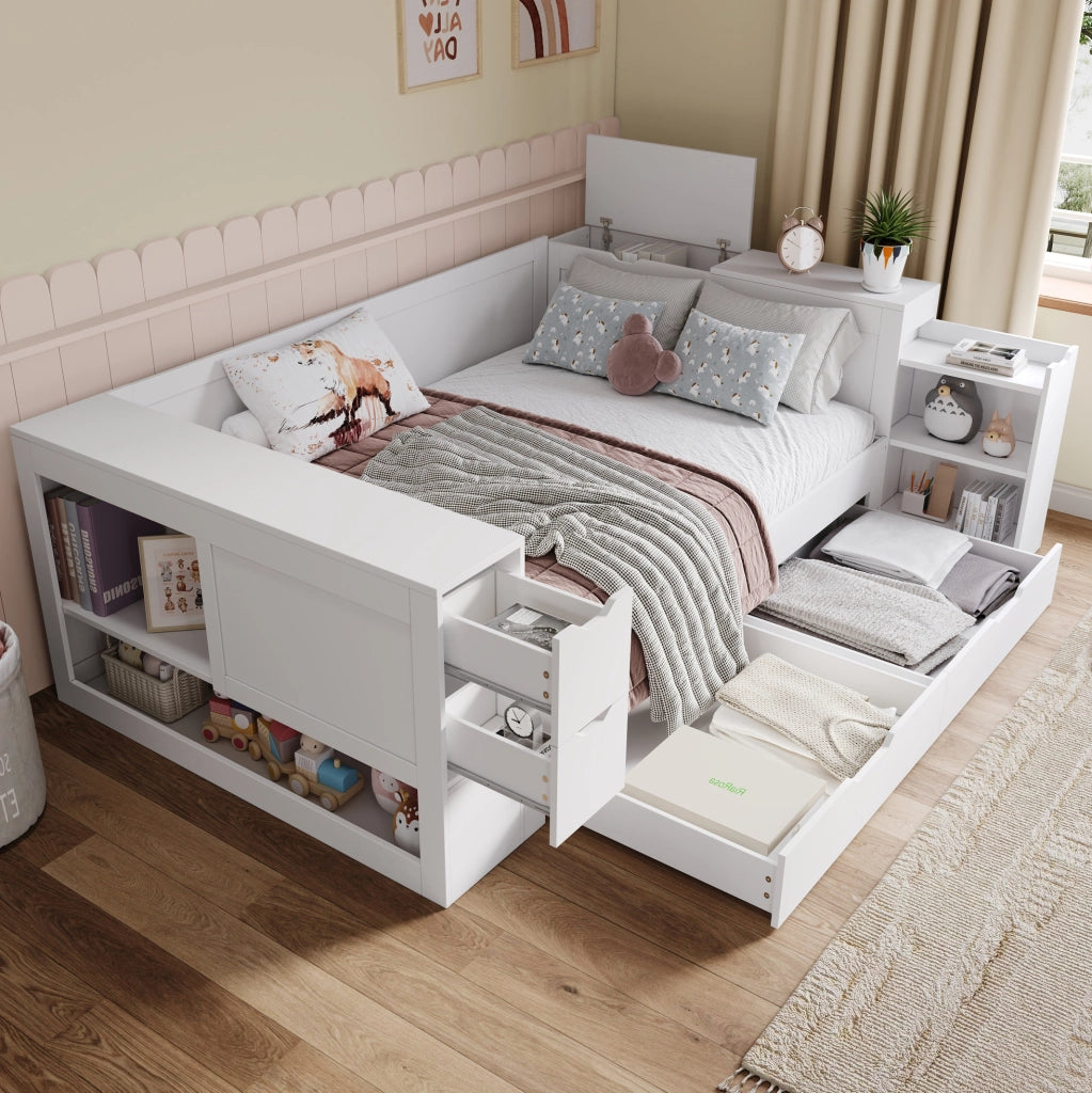 Letto contenitore 140x200 cm con cassetti e comodino, bianco