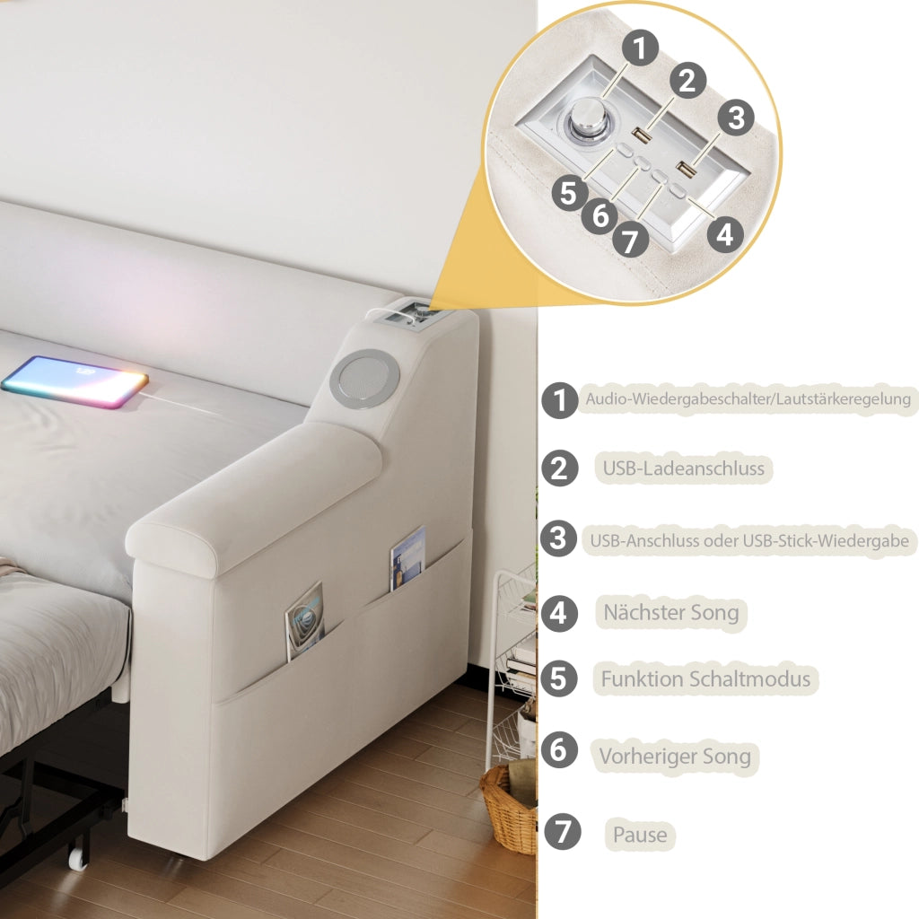 DESMIU Lit simple 90 × 190 cm con USB, vani portaoggetti e Bluetooth, si apre a 180 × 190 cm, senza materasso, beige