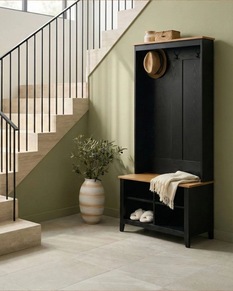 Scarpiera con appendiabiti MDF nero e marrone chiaro 4 scomparti per scarpe 3 ganci