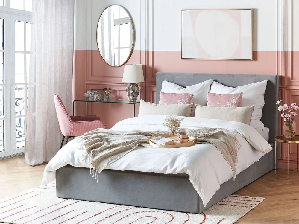 Letto matrimoniale con contenitore portaoggetti e testiera imbottita 140x200 cm in velluto grigio