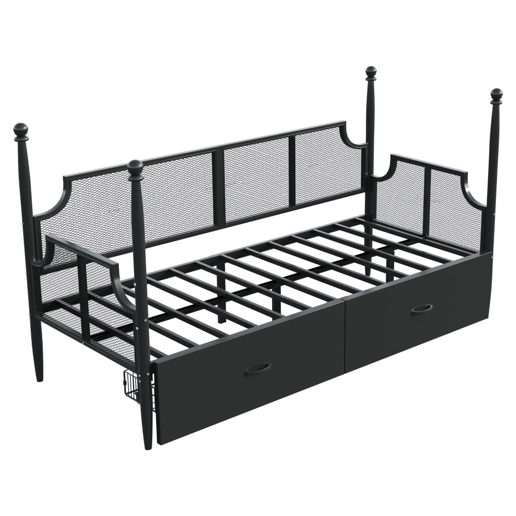 OKWISH Letto Divano 90×200 cm, Letto Singolo con 2 Cassetti, Schienale a Rete e Braccioli, senza Materasso, in Metallo, Nero