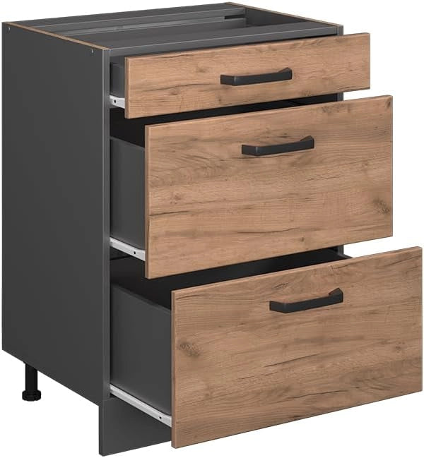 Mobiletto base per cucina R-Line, Quercia dorata, 60 cm con cassetti, senza piano di lavoro, per la libera combinazione all'interno di sistemi cucina modulari