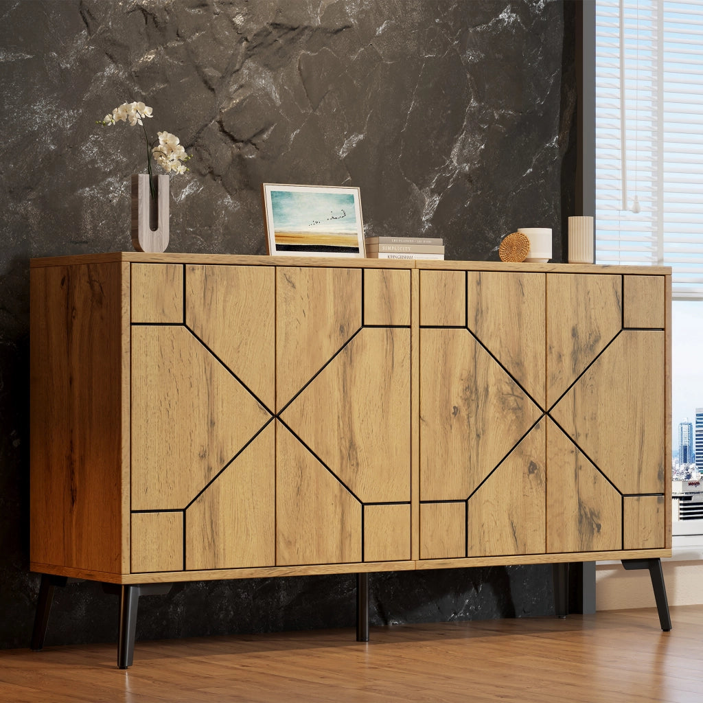 Credenza e madia con 4 ante e 4 vani, chiusura push-open, per soggiorno e cucina, in MDF, naturale, 120 × 35 × 69 cm