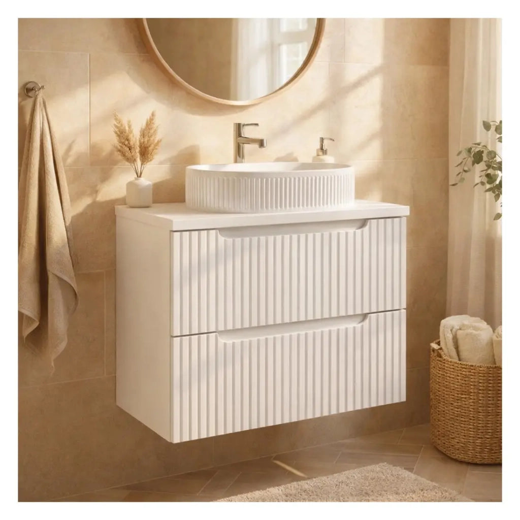 Set da bagno sospeso VANO bianco 60cm : mobile sottolavabo con cassetti scanalati + piano per lavabo bianco