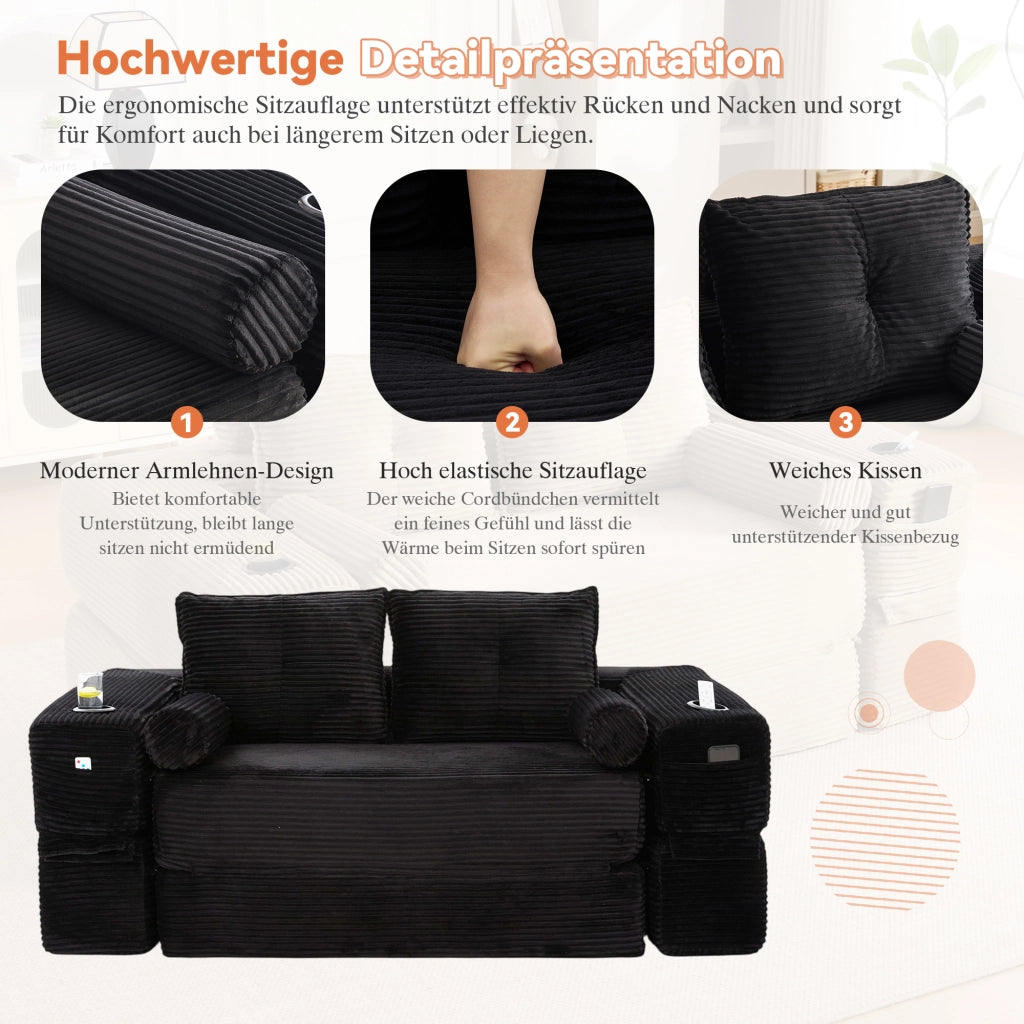 Divano convertibile 2 posti in corduroy con cuscini memory, tasche laterali e portabicchieri nero