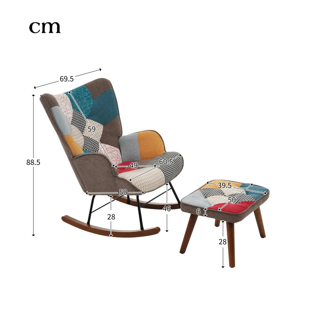 Sedia a dondolo con pouf patchwork, 69,5x50x88,5 cm, multicolore