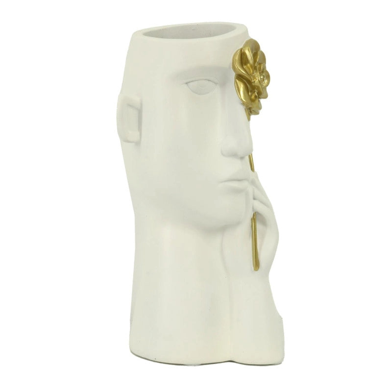 Portavaso resina viso bianco fiore oro cm 13x13h27