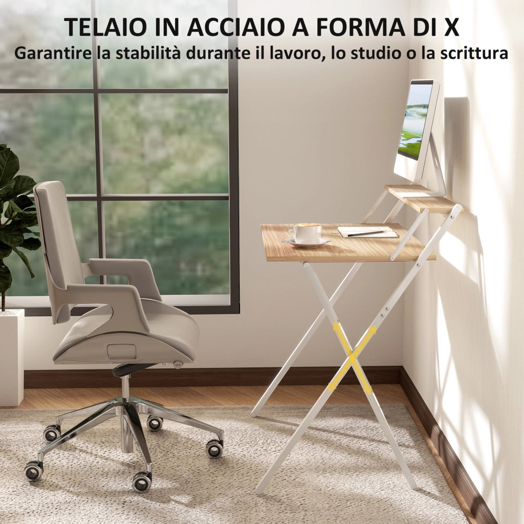 Scrivania Pieghevole con Ripiano per Monitor, 81.5x62x86.5 cm, Legno e Bianco