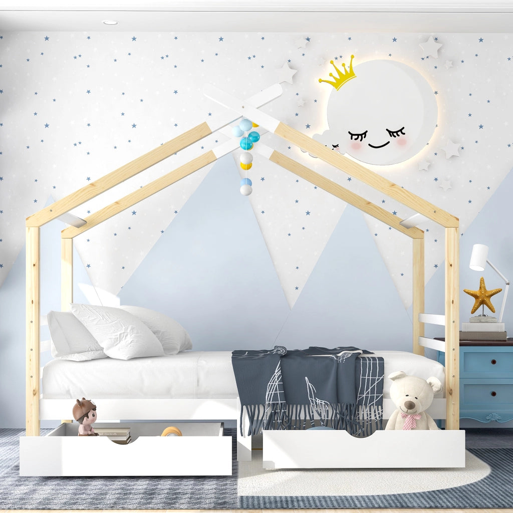 Letto a casa per bambini bianco con cassetti in legno massello di pino 90x200 cm