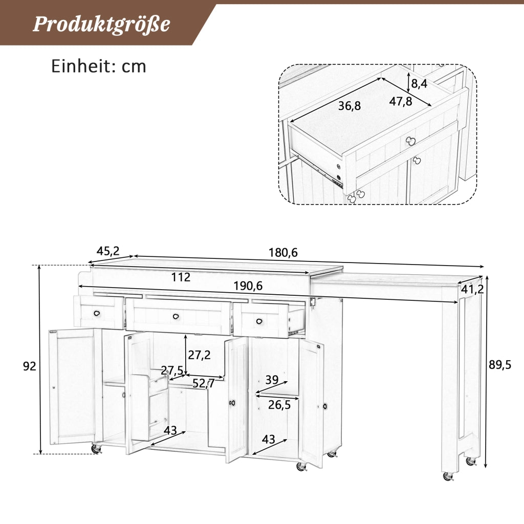 Carrello da cucina con piano estraibile, 3 cassetti, per cucina, grigio, 137-190,6 × 45,2 × 92 cm