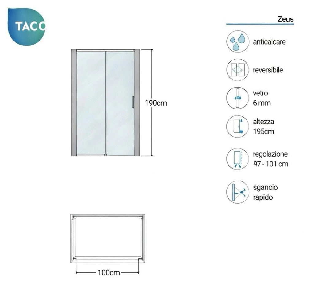 Box doccia a nicchia 100 cm porta scorrevole apertura laterale H190 cm ZEUS - Cromato Lucido