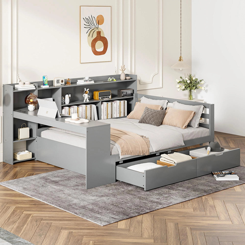 Divano letto-Xylo-140x200 cm-scrivania, 2 contenitori, prese, legno grigio