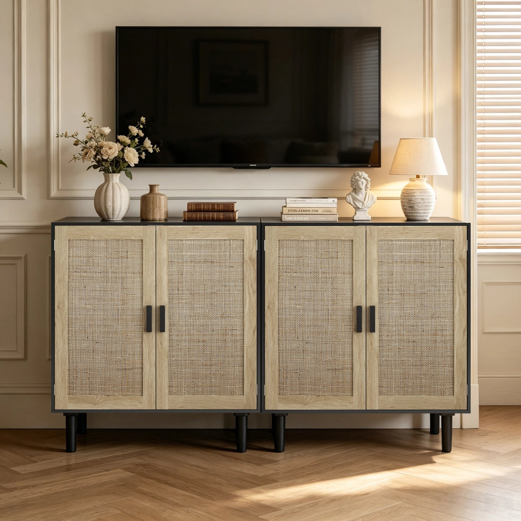 Mobile contenitore a 2 ante in rattan con 2 vani aperti e maniglie in legno; per salotto e ingresso; nero; 80 × 40 × 88 cm