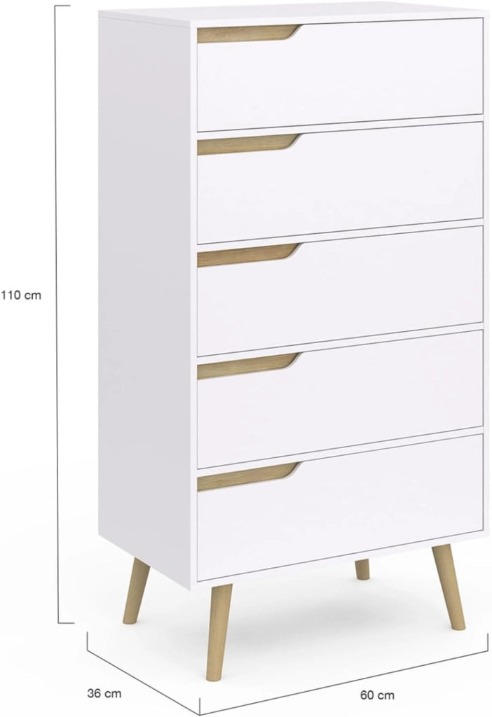 HELSINKI Cassettiera a 5 cassetti da 60 cm Chiffoniera scandinava bianca