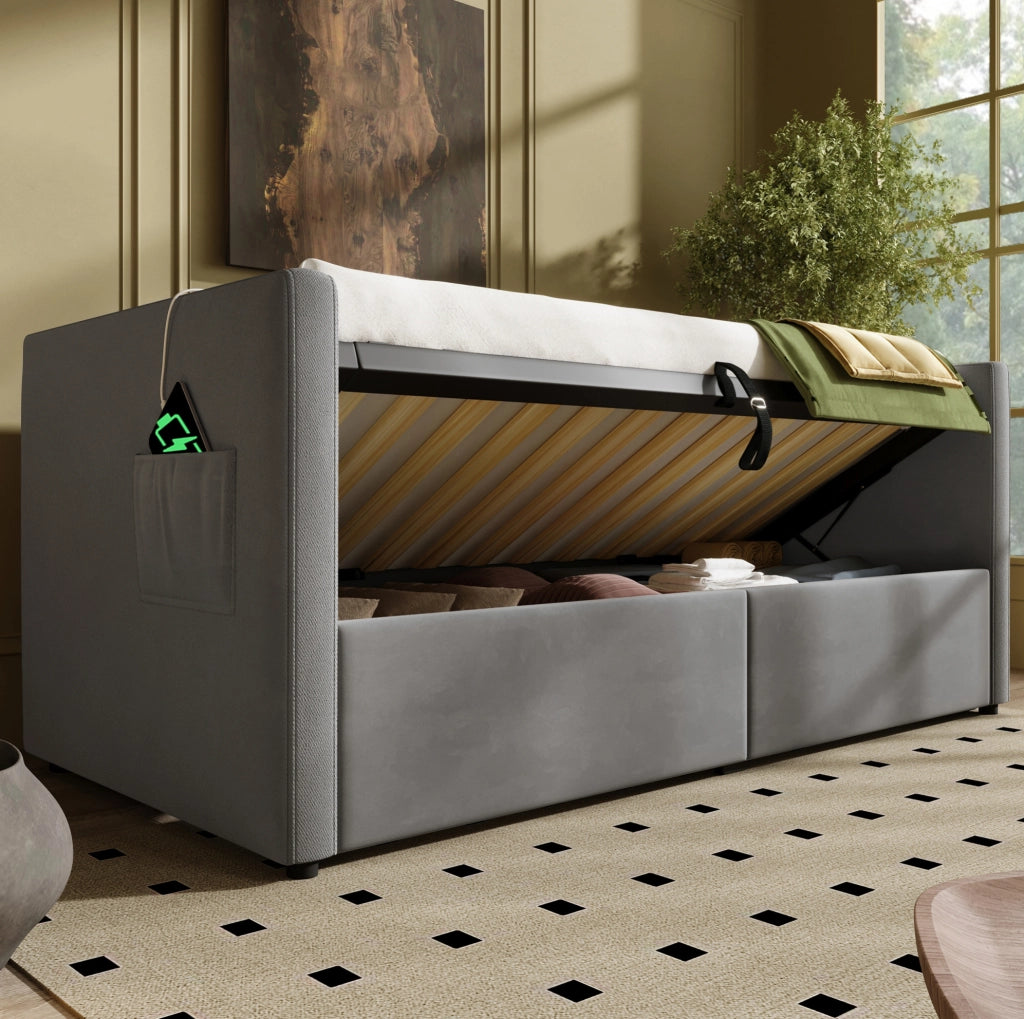 Divano letto singolo 90x190 cm in velluto grigio con contenitore idraulico e USB Type-C