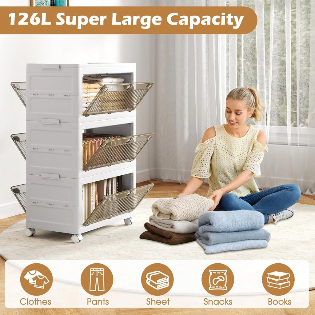 Scatole portaoggetti in plastica da 126 l, contenitori impilabili a 3 livelli con ruote, coperchio, organizer pieghevole per soggiorno, camera da letto, ufficio, dormitorio