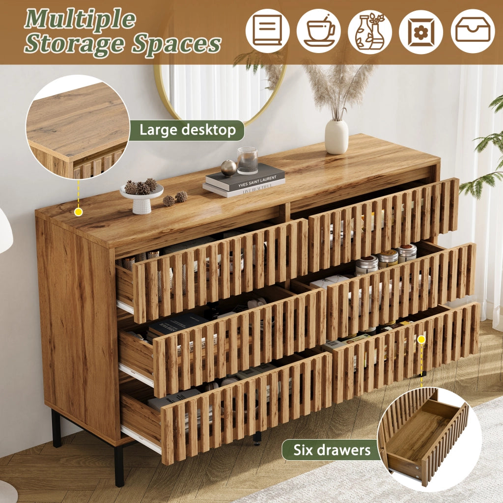 Credenza con 6 cassetti e 5 piedi con supporto centrale regolabile per soggiorno e camera da letto 120 × 40 × 81 cm