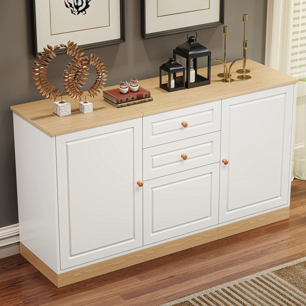 Sideboard bianco e legno con 2 ante, 2 cassetti e vano chiuso centrale, 135,5 x 39 x 76 cm