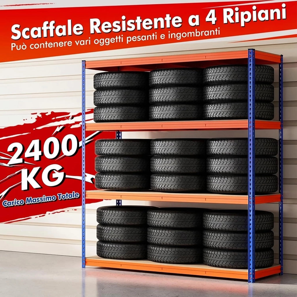 Scaffale Metallo a 4 Ripiani Regolabili, Scaffalatura Alta Portata 2400 KG a Ali Farfalla, Scaffale Industriale in Acciaio e MDF, per Casa, Cucina e Garage, 181 x 61 x203 cm