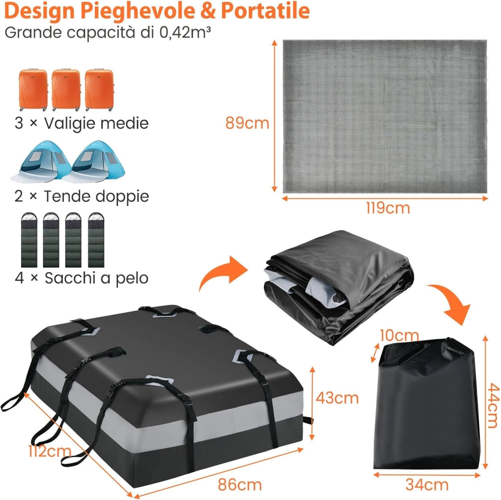 Borsa da Tetto per Auto 424L, Box Tetto Auto per Bagagli Impermeabile Pieghevole, con Tappetino Antiscivolo, per Tutti i Veicoli Con/Senza Barre Portapacchi (Modello 4)