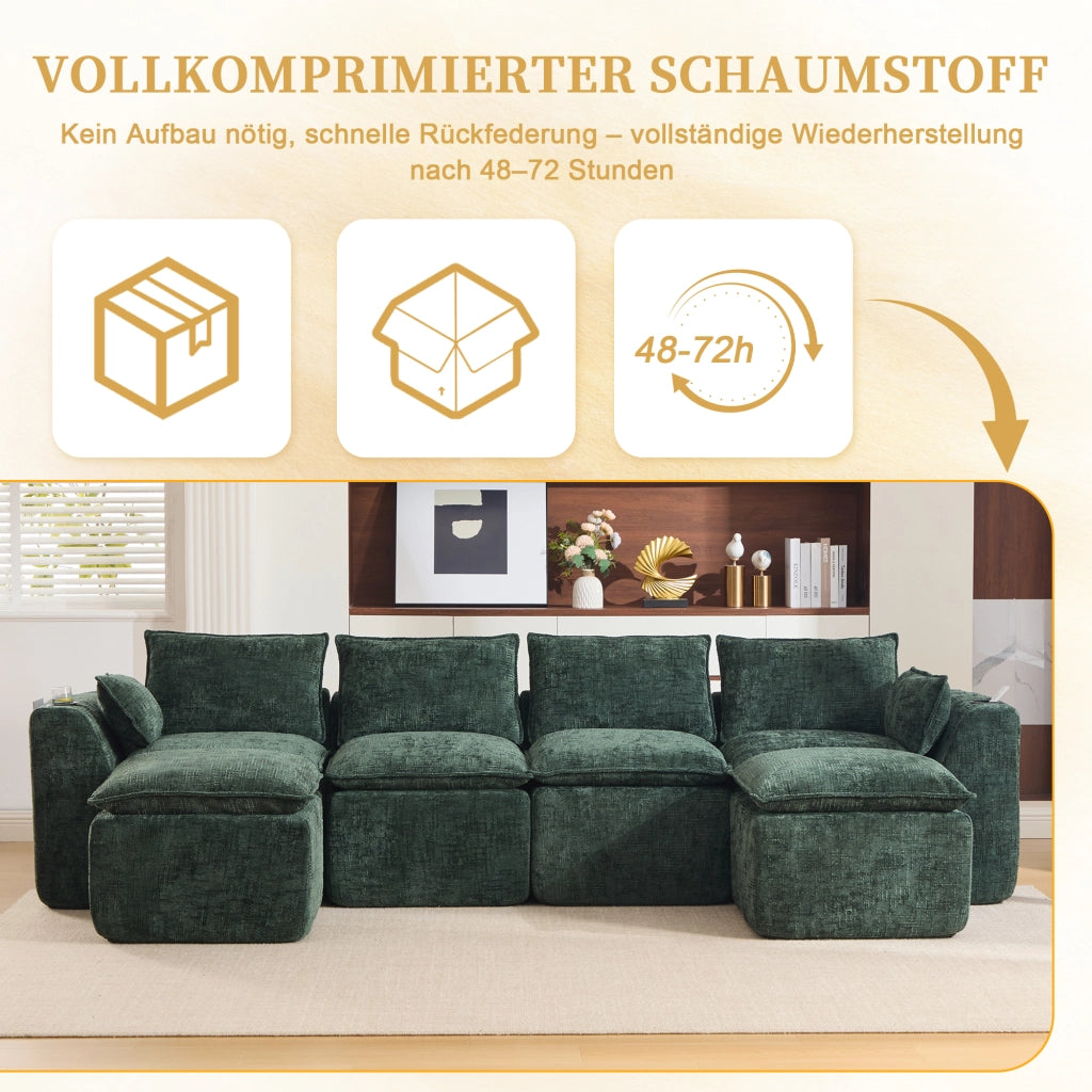 Divano modulare 4 posti con tasche laterali e cuscini in chenille verde per soggiorno e sala d'attesa 322 × 161 × 75 cm