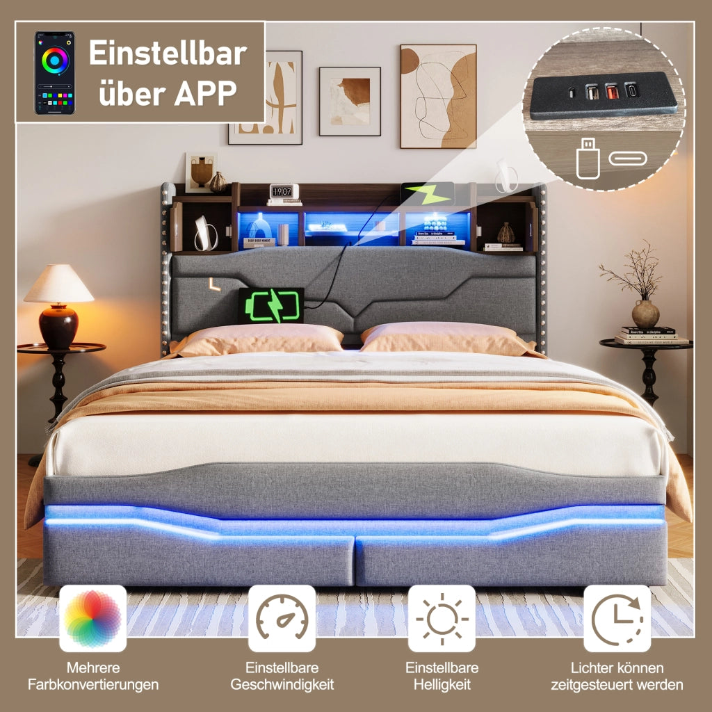 OKWISH Letto Contenitore 160×200 cm, Letto Matrimoniale con USB e Tipo C, LED Regolabile e Testiera con Vano Contenitore, senza Materasso, Grigio
