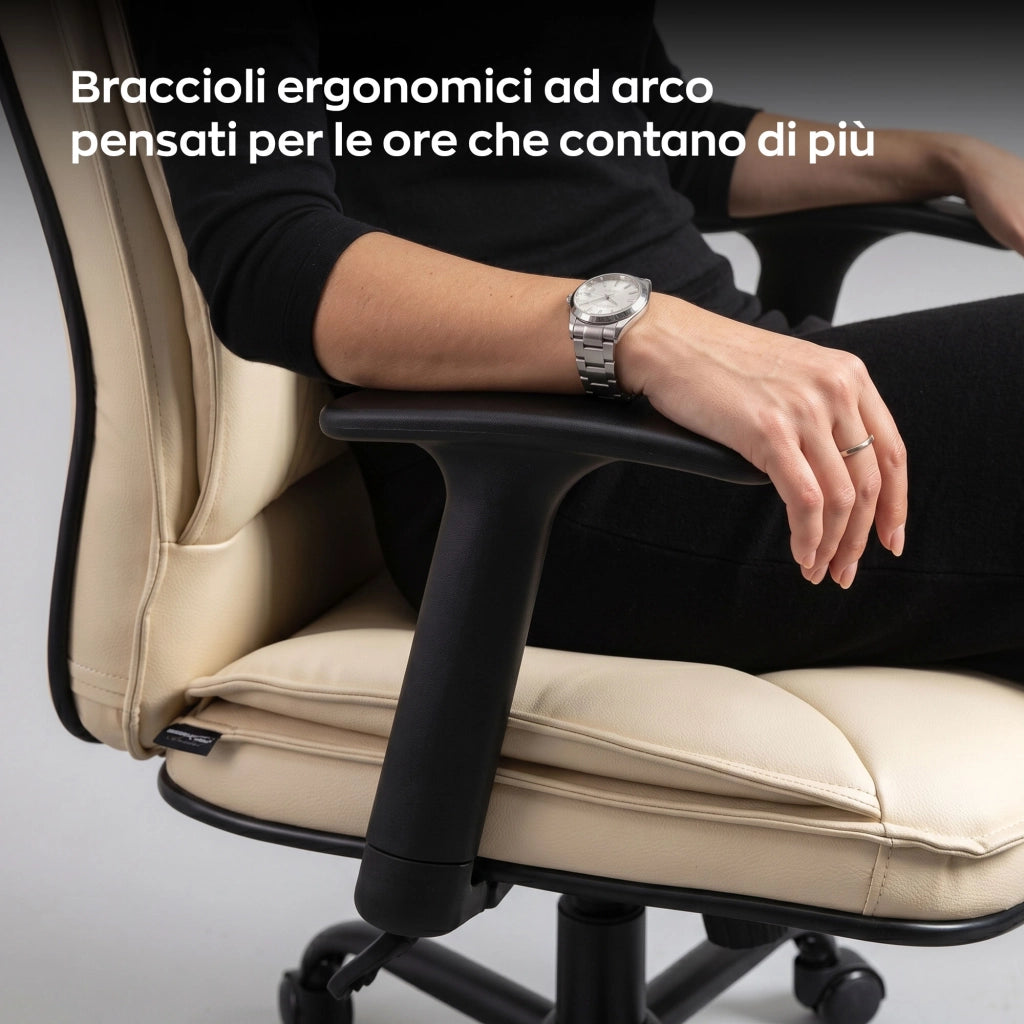 Yūto - Sedia Da Ufficio Ergonomica 50x131x47 cm Poltrona Direzionale Comoda con Ruote Girevoli in Similpelle Crema