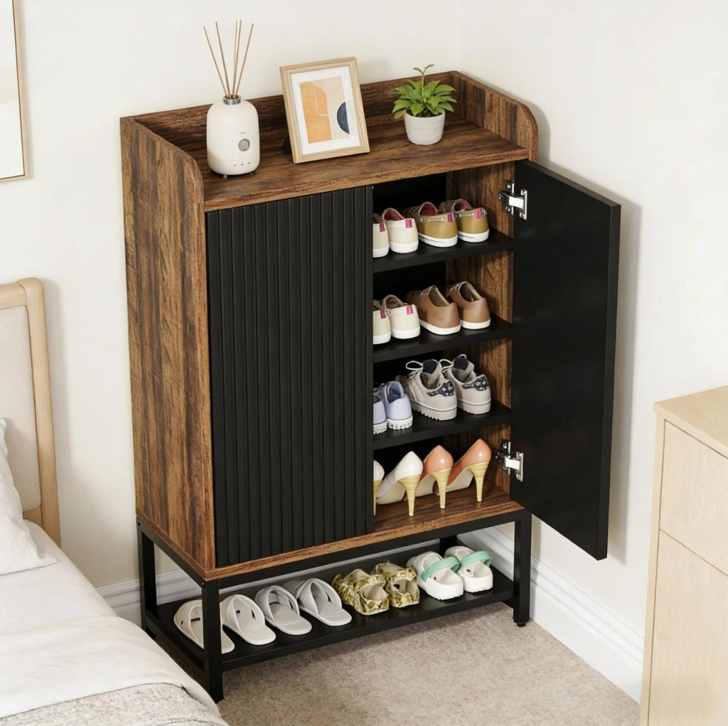 Scarpiera ULEVR 73x35x105,5 cm con 5 ripiani e ante a pressione, nero e marrone rustico