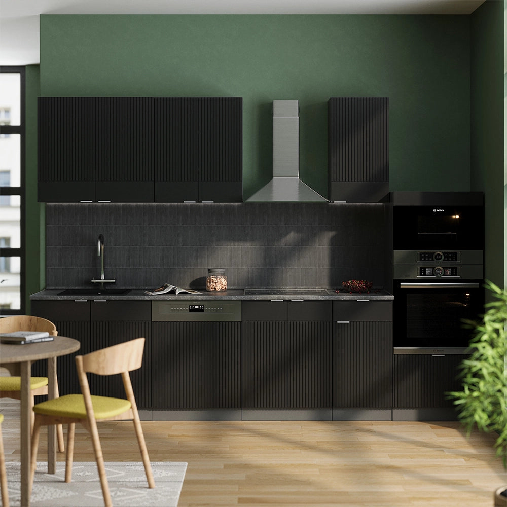 Cucina componibile Fame-Line Nero rigato/Antracite 300 cm con armadio alto, PL Marmo Vicco