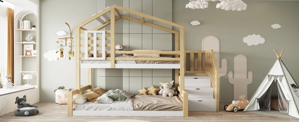 DESMIU Letto a castello 3 posti con scala contenitore, sponde e finestra 90 × 200 e 140 × 200 cm senza materasso