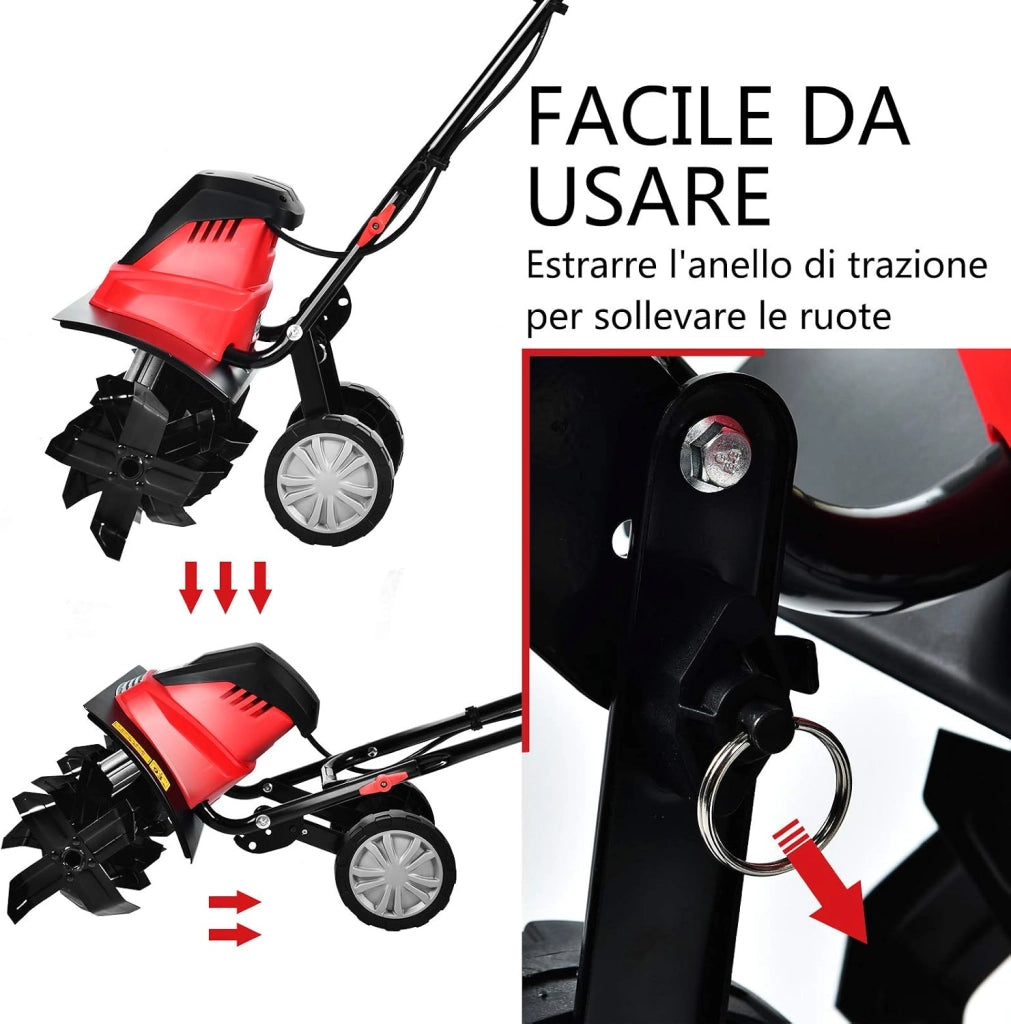 Motozappa Elettrica 1500W, Zappatrice Elettrica con Maniglia Pieghevole, Ruote Regolabili, 6 Lame, Velocità 400 PRM, Profondità 22 cm, Larghezza 43 cm (Rosso, 1500 W)