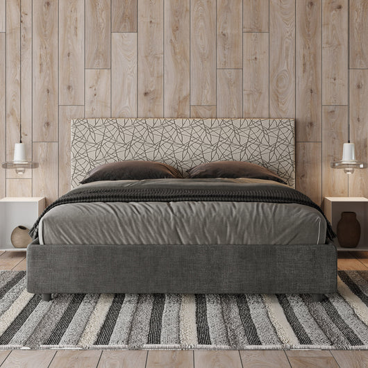 Letto Matrimoniale 160x210 cm con Rete e Contenitore con Testata e Alzata Comoda Imbottito in Tessuto Era Arla Grigio