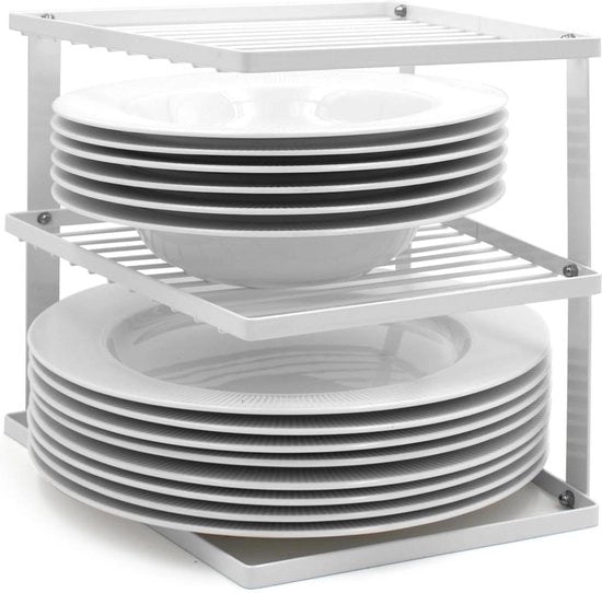 Porta piatti per ripostiglio in armadi cucina - Organizzatore porta piatti angolare - 25x25x19cm - Porta piatti bianco