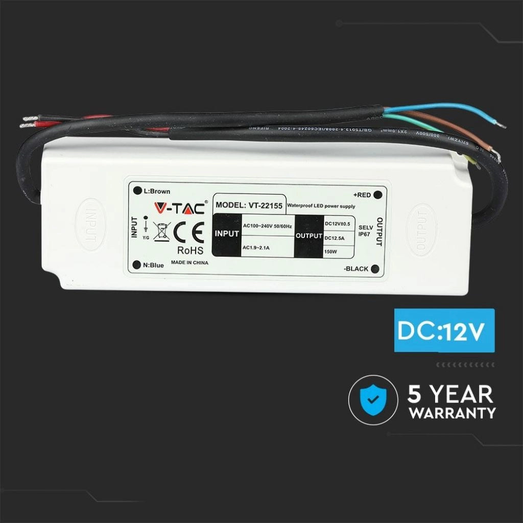 V-TAC VT-22155 Trasformatore Alimentatore Professionale in Plastica 150W 12V 12,5A Colore Bianco IP67 (5 Anni di Garanzia)SKU 3250