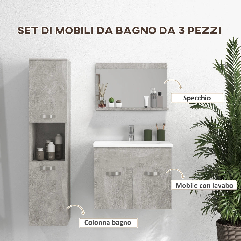 Easycomfort Set Mobili Bagno da 4 Pezzi con Lavabo da 60cm, Mobiletto, Colonna Bagno e Specchiera in Legno, Grigio