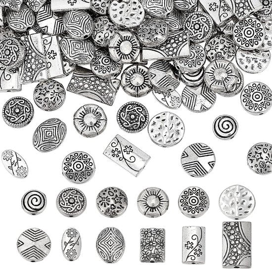 Accessori per gioielli - 120 pezzi - Spacer tibetani - Filo argentato antico - Creazione di gioielli - 12 stili - Lega di alluminio duratura