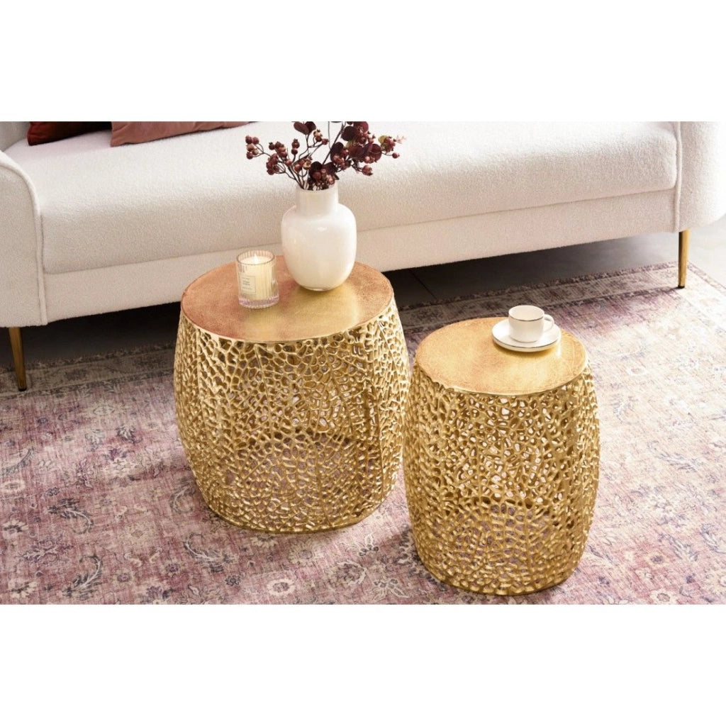 Set di 2 tavolini METRIX bronzo con piccolo motivo arrotondato - Tavolini da salotto design in alluminio e piano effetto legno