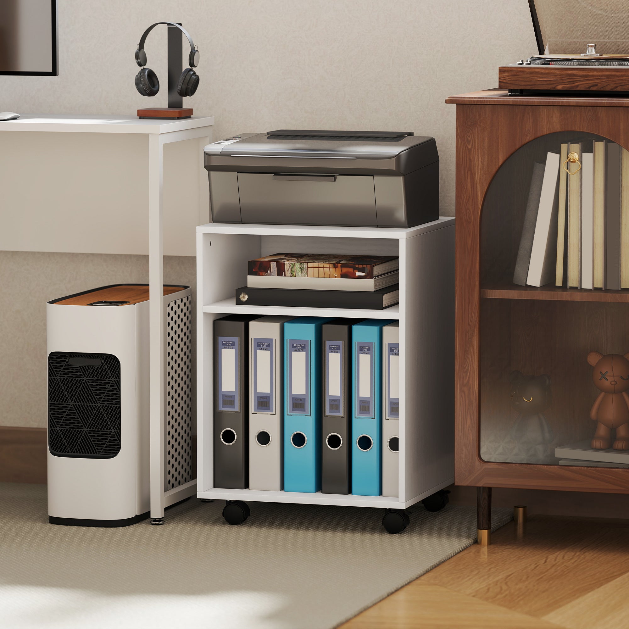 Mobile Porta Stampante con 2 Ripiani Aperti e Ruote 40x35x55.5 cm Bianco