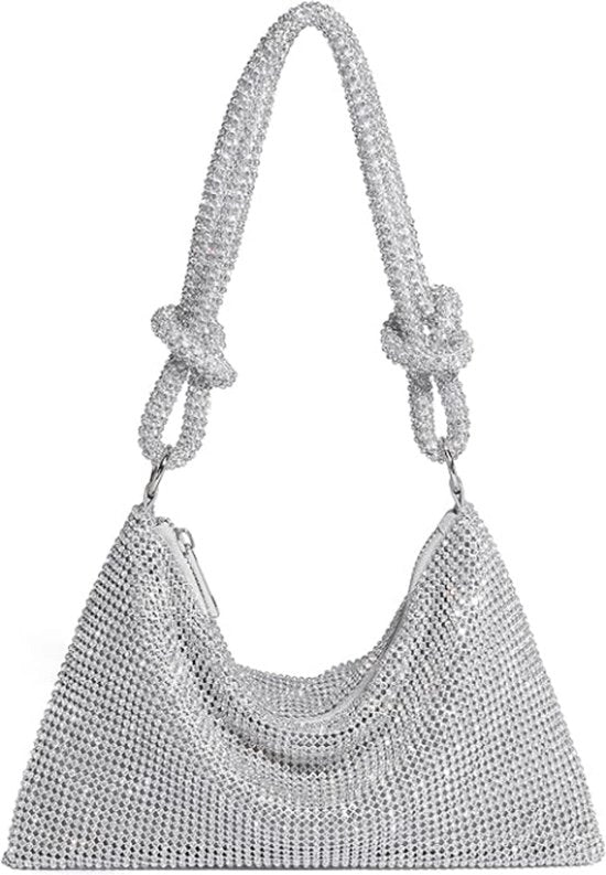 Borsa da sera con pietre di strass - Borsa - Borsa glitterante con pietre di strass - borsa da sera - clutch per donne - Clutch glitter - borsa da sera - Con cinturino regolabile - Per festa & matrimonio - per una serata fuori - 25x16cm - Argento