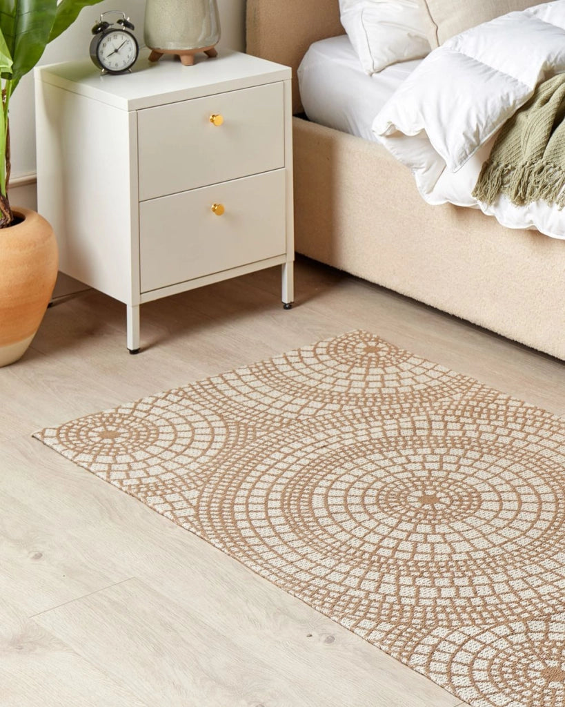 Tappeto da giardino beige e bianco in iuta 80 x 150 cm Rettangolare con motivo geometrico a trama piatta stile boho Camera da letto Soggiorno