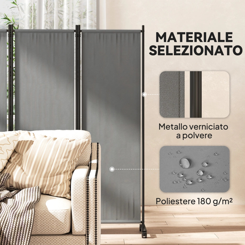 Paravento da Esterno e Interno a 4 Pannelli Pieghevole 221x50x172 cm con Ruote in Metallo e Poliestere Grigio Scuro